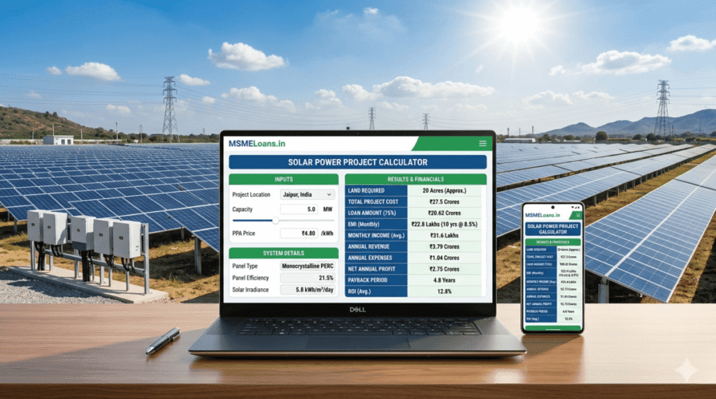 Solar power plant calculator India with ROI, cost, EMI and profit estimation dashboard