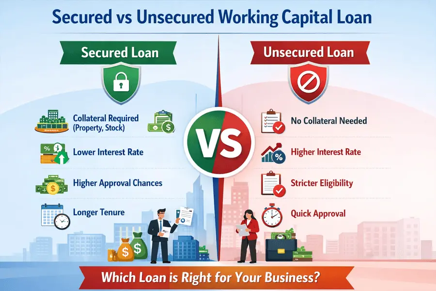 Infographic comparing secured and unsecured working capital loans for MSME businesses