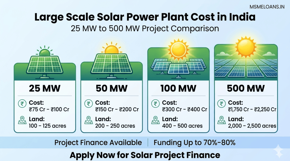 project finance for solar power plant 25 MW 50 MW 100 MW 500 MW in india