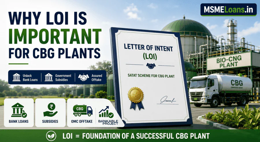 LOI for CBG Plant in India under SATAT Scheme showing Letter of Intent document, Bio-CNG plant, bank loan eligibility, government subsidies, and assured OMC offtake