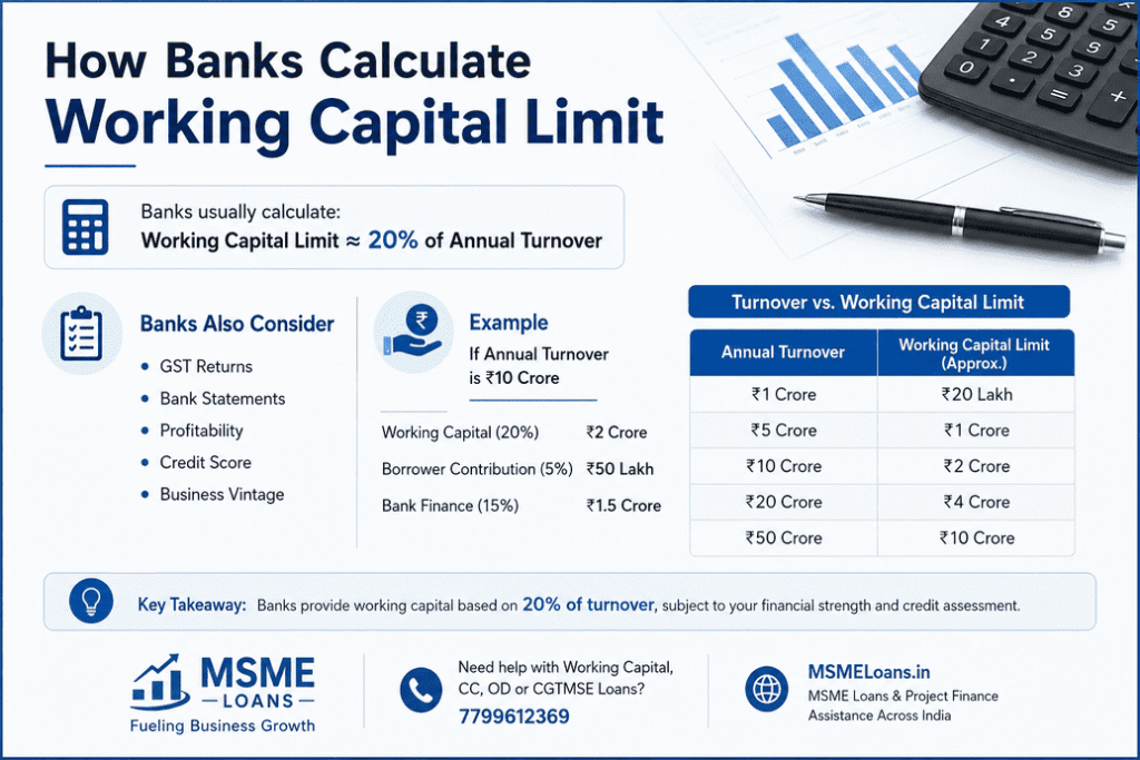 Infographic explaining how banks calculate working capital limits for MSMEs based on annual turnover, GST returns, bank statements, profitability, credit score, and business financials.